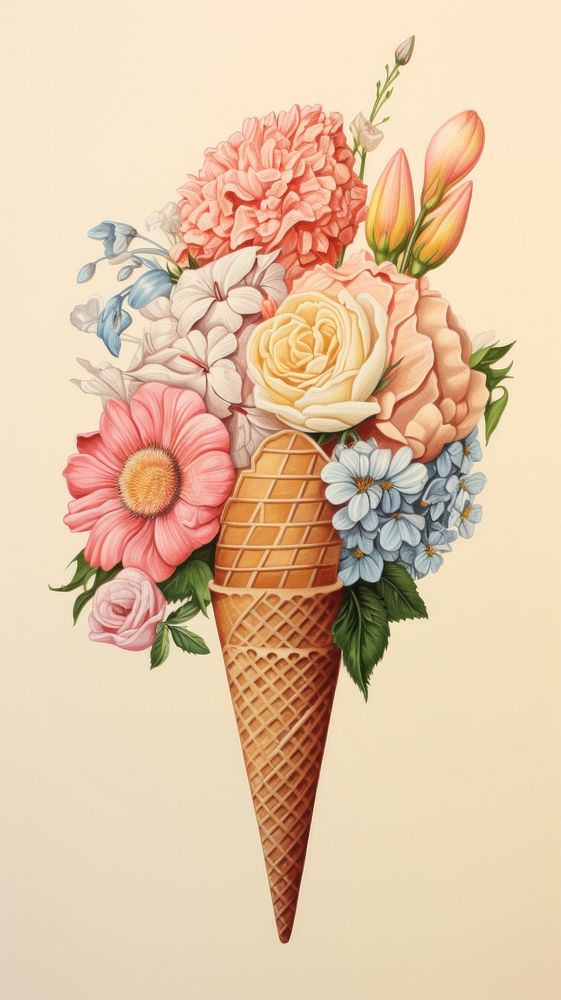 Vintage drawing ice cream flower dessert sketch.