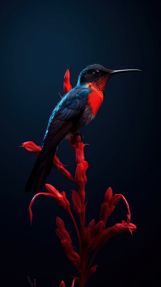 A hummingbird animal beak red.