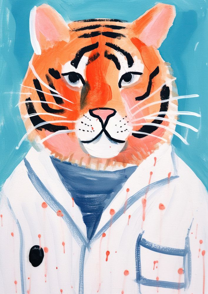 Cute tiger wearing laboratory gown art painting animal.