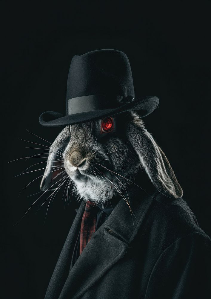 A rabbit in the black hat portrait photo black background.