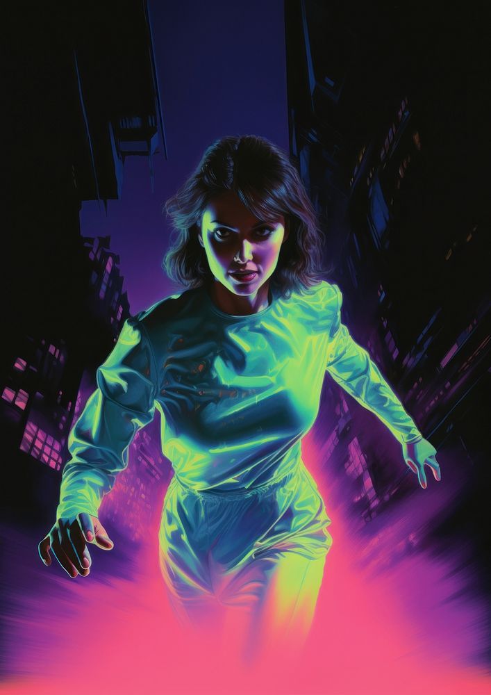 A woman running away from a killer with a knife glowing purple adult.