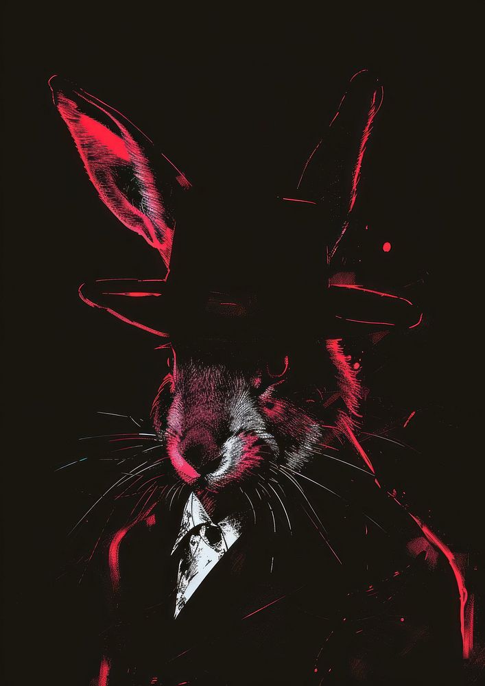 A rabbit sitting inside the black hat animal mammal art.