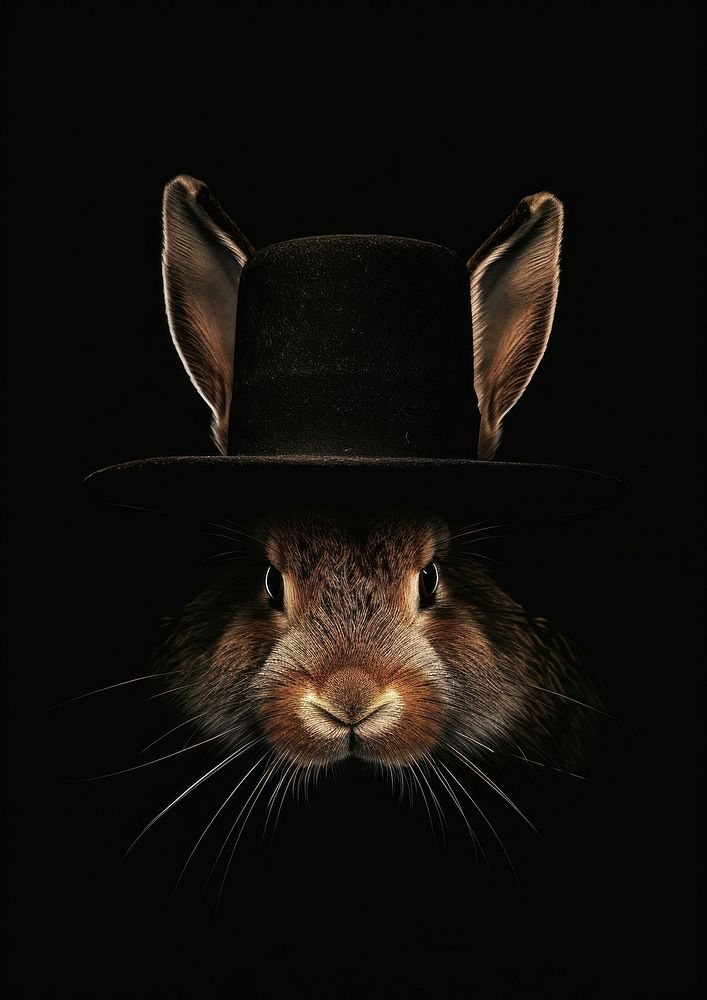 A rabbit sitting inside the black hat portrait mammal animal.