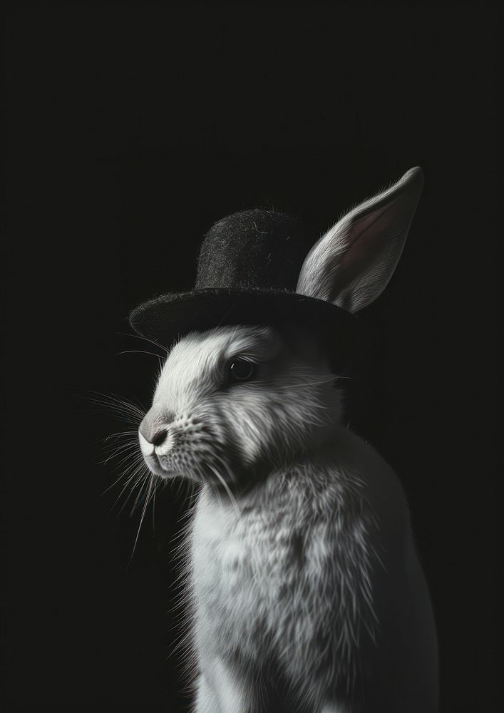 A rabbit sitting in the black hat animal mammal rodent.