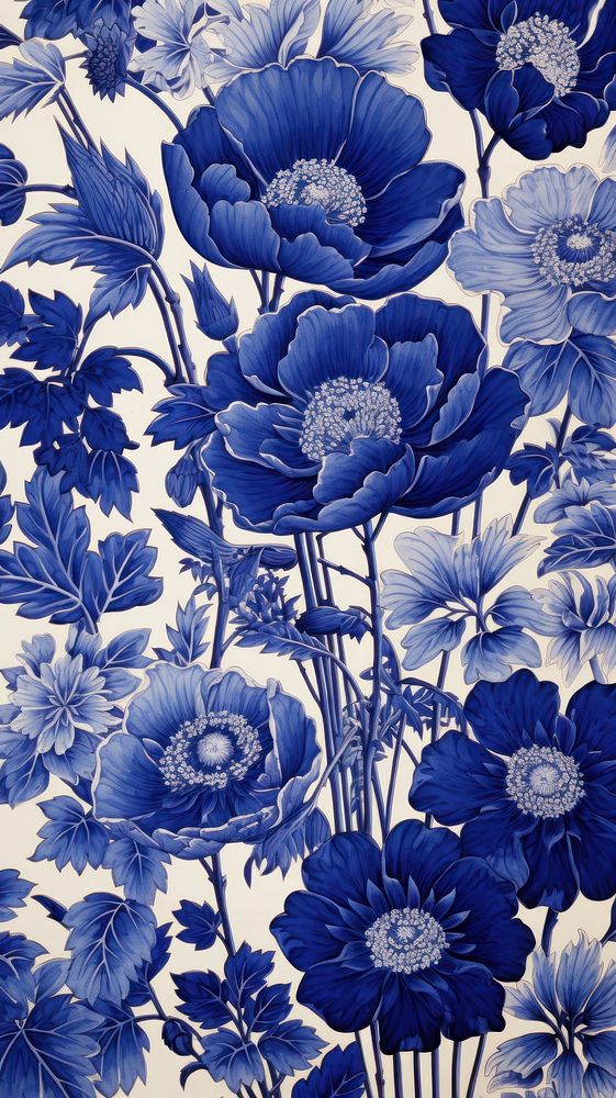 Traditional blue japanese flowers porcelain pattern plant.