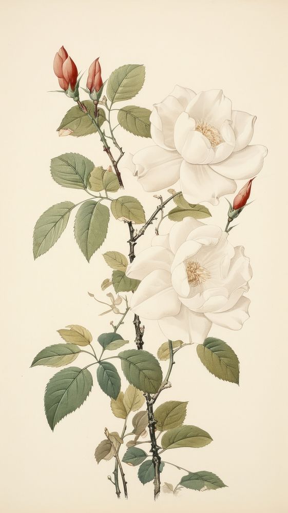 Traditional japanese white roses blossom drawing flower.