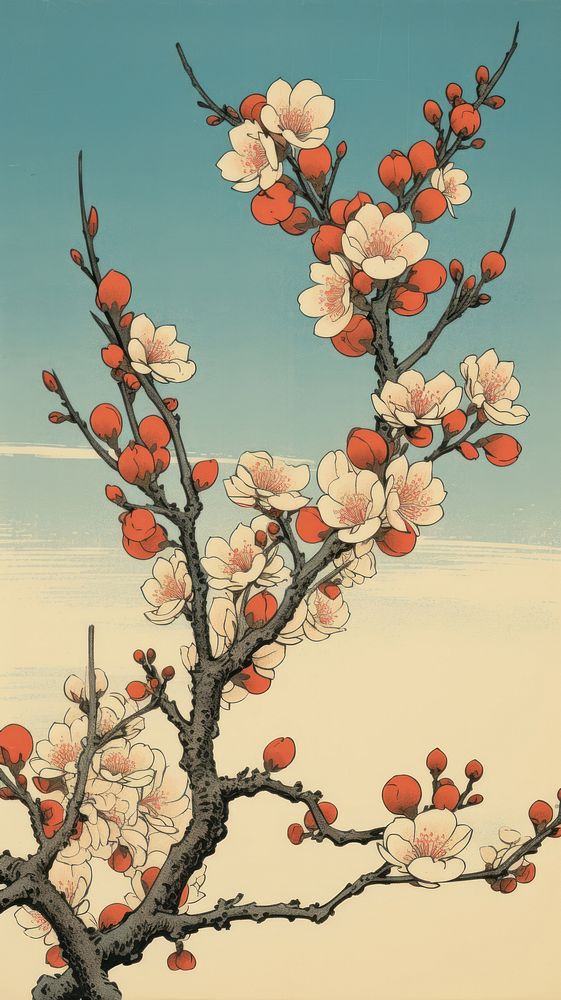 Japanese peach trees painting blossom flower.
