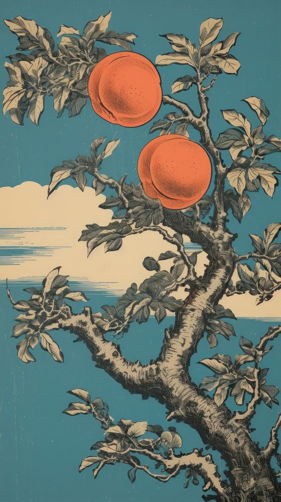 Peaches on tree branches painting plant sky.