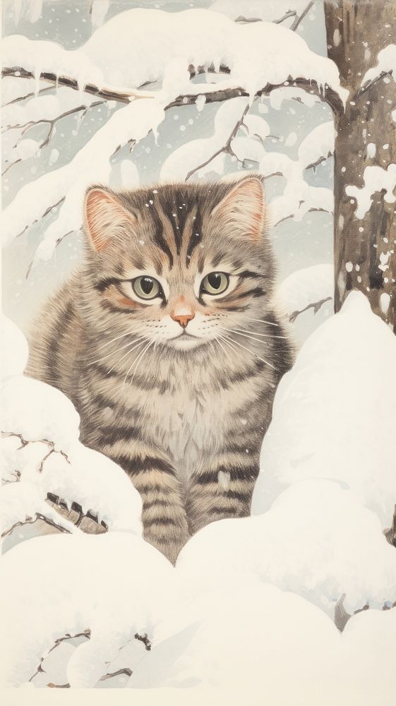 Cat in winter snow mammal animal kitten.