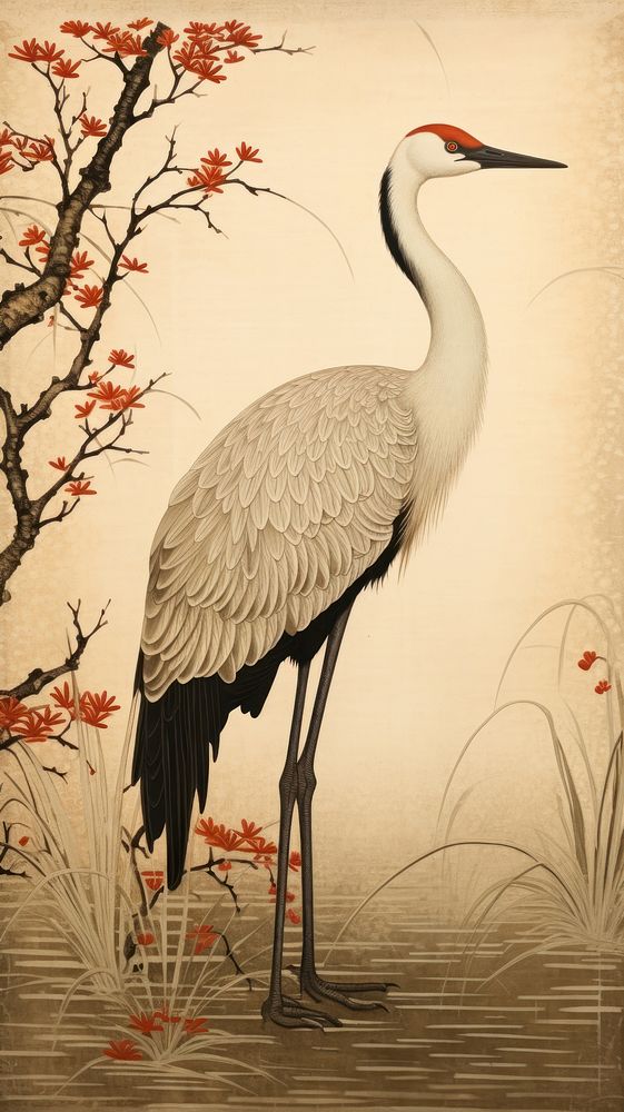 Traditional japanese crane painting animal nature.