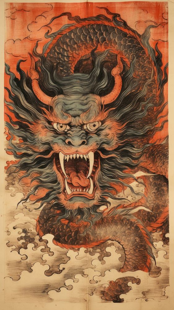 Traditional japanese dragon painting art representation.