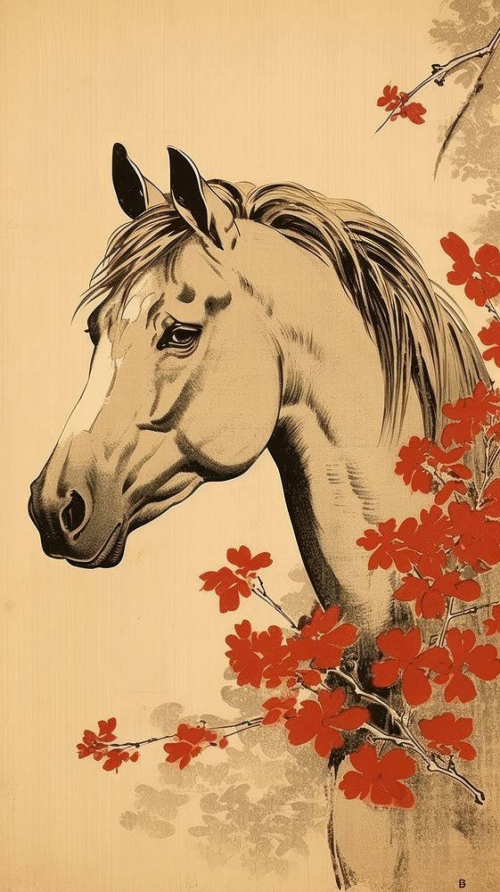 Traditional japanese horse painting drawing animal.