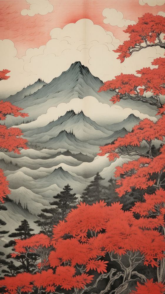 Traditional japanese mountain hills outdoors painting nature.