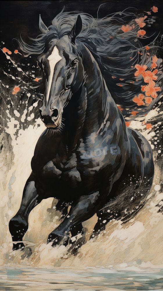 Japanese running black horse stallion animal mammal.