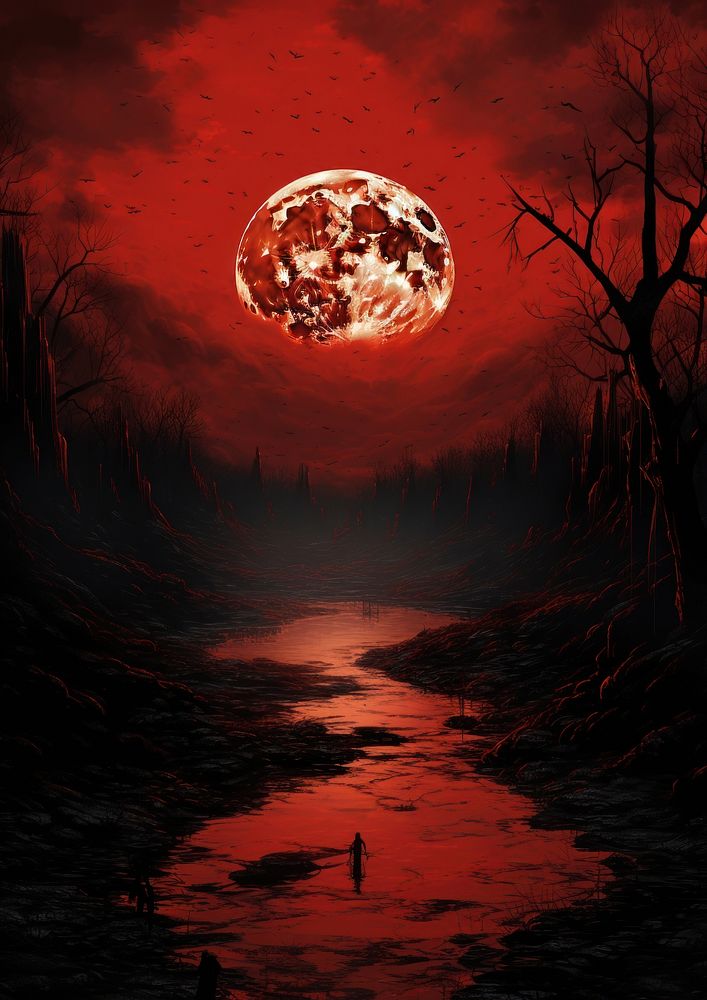 Vintage painting of the big red moon at night outdoors nature sky.