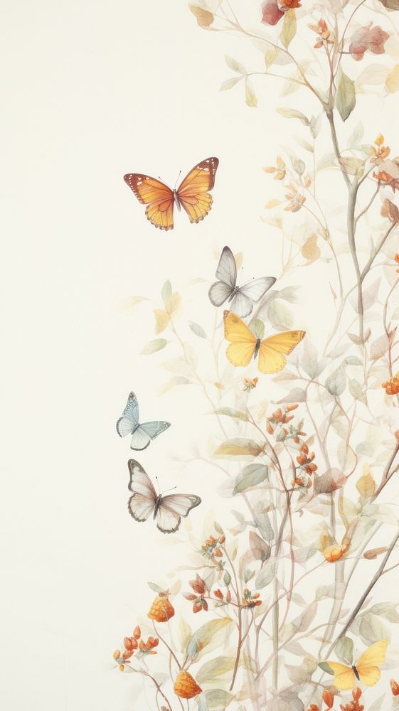 Butterflies and dry flowers butterfly wallpaper painting.