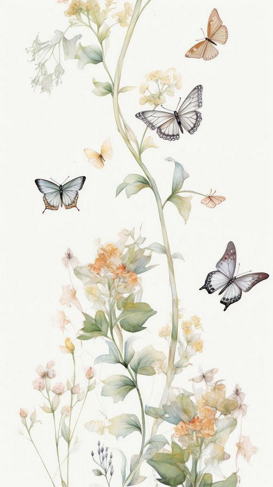 Butterflies and dry flowers pattern sketch plant.