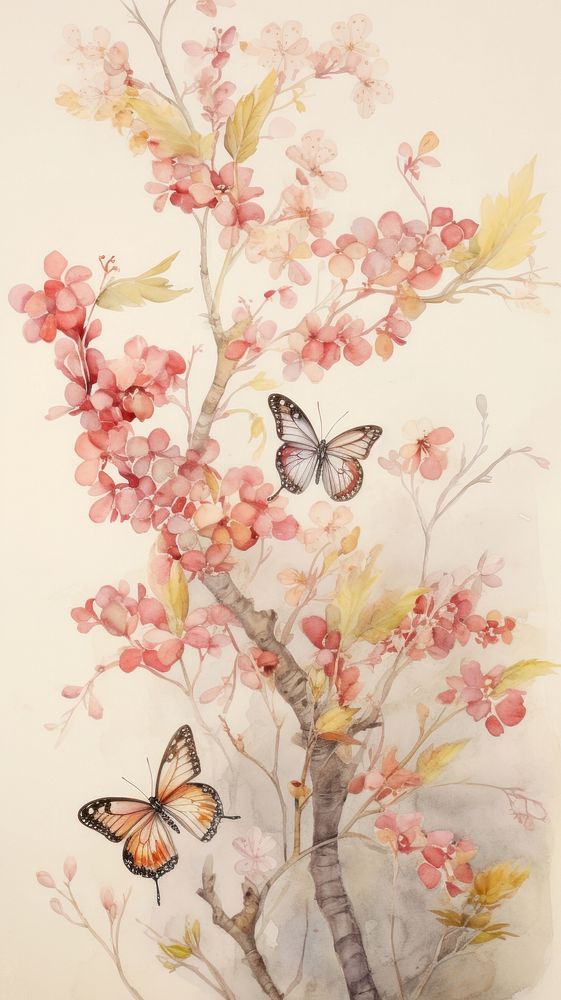 Butterflies and dry flowers painting plant art.