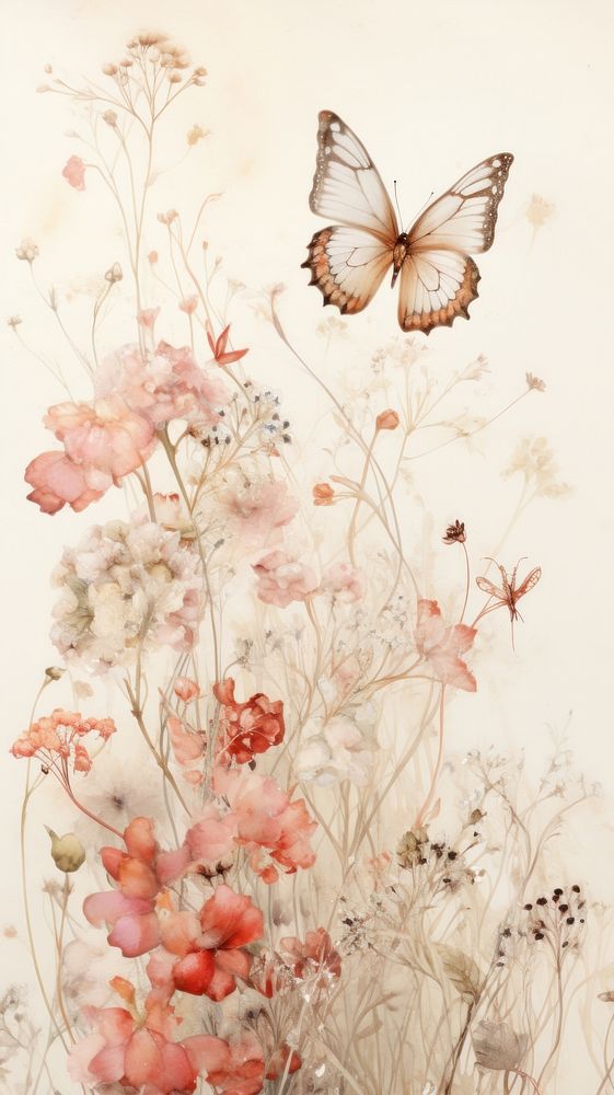 Butterflies and dry flowers pattern plant art.