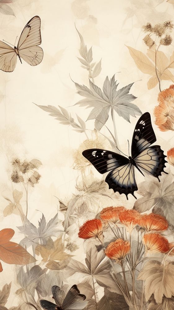 Butterflies and dry flowers butterfly wallpaper pattern.