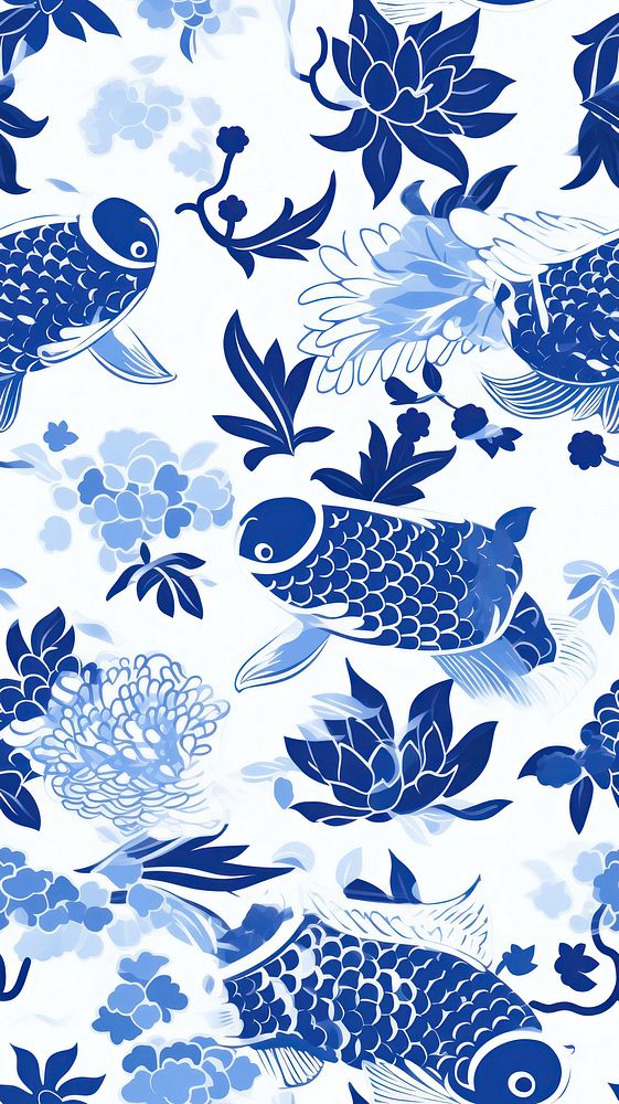 Tile pattern of fish wallpaper backgrounds porcelain blue.