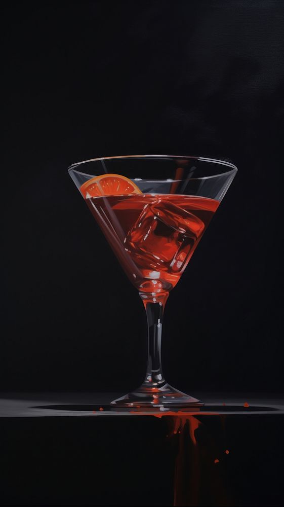 Acrylic paint of Negroni cocktail martini drink glass.