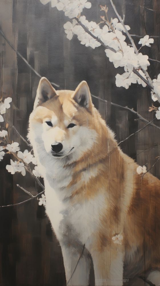 Acrylic paint of akita with flower painting mammal animal.