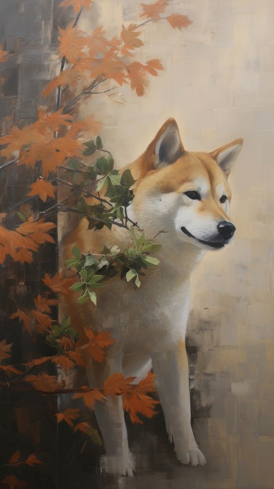 Acrylic paint of akita with flower painting animal mammal.