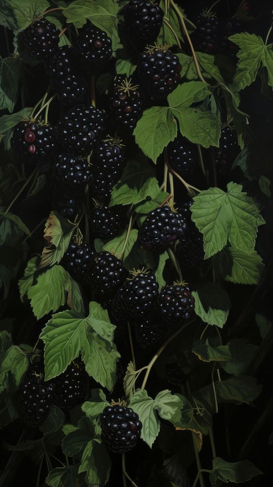 Acrylic paint of blackberries blackberry plant fruit.