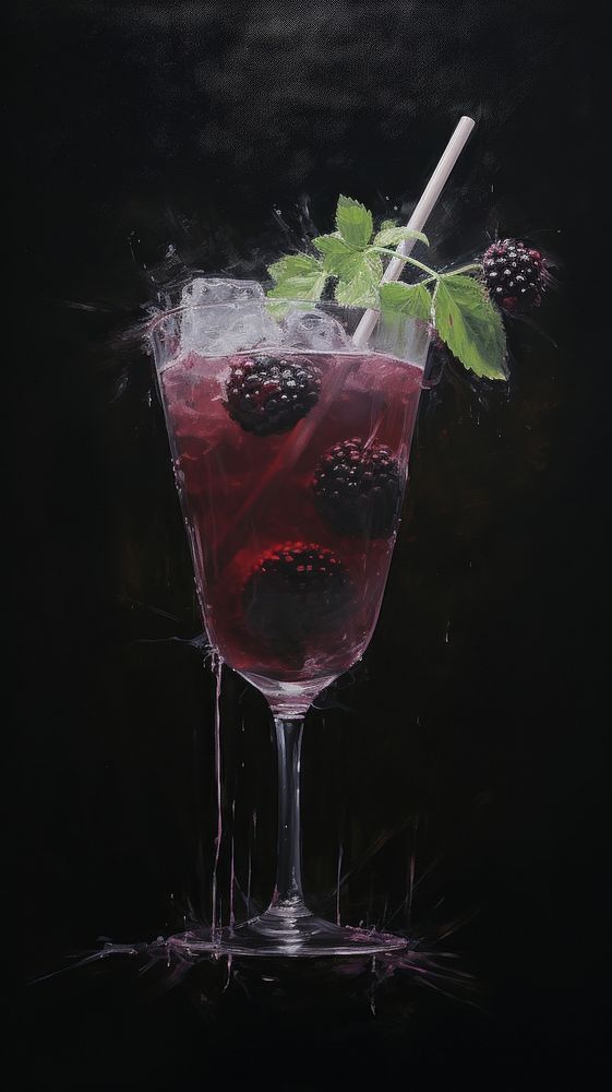Acrylic paint of Bramble cocktail mojito fruit drink.