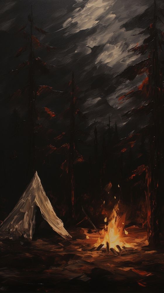 Acrylic paint of camping outdoors bonfire nature.
