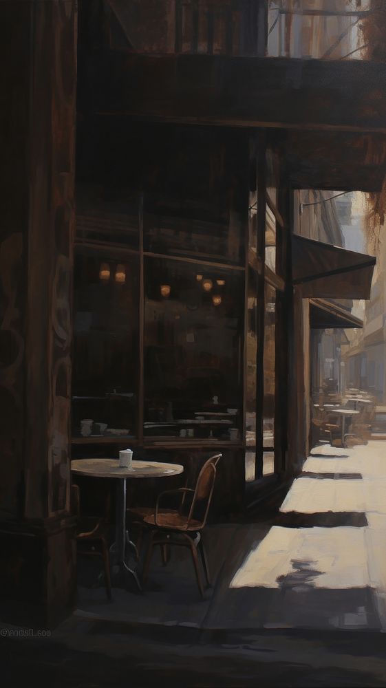 Acrylic paint of coffee shop architecture restaurant table.