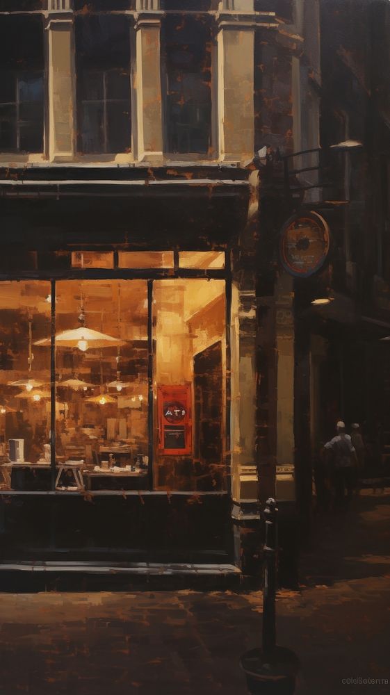 Acrylic paint of coffee shop street city architecture.