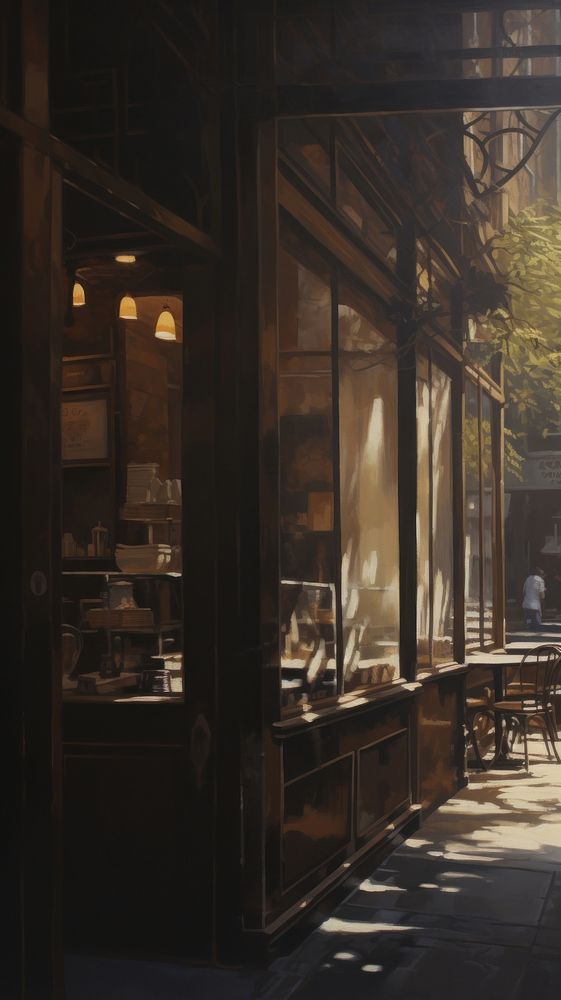 Acrylic paint of coffee shop window city cafe.