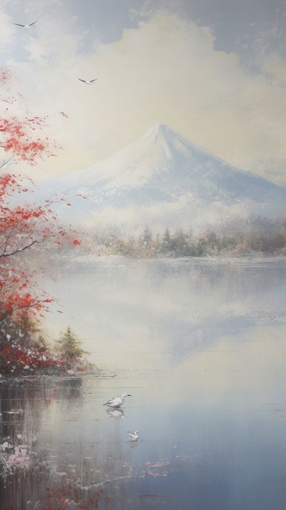 Acrylic paint of fuji mountain with lake and swan outdoors painting nature.