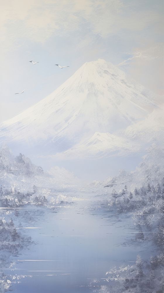 Acrylic paint of fuji mountain with lake and swan outdoors nature winter.