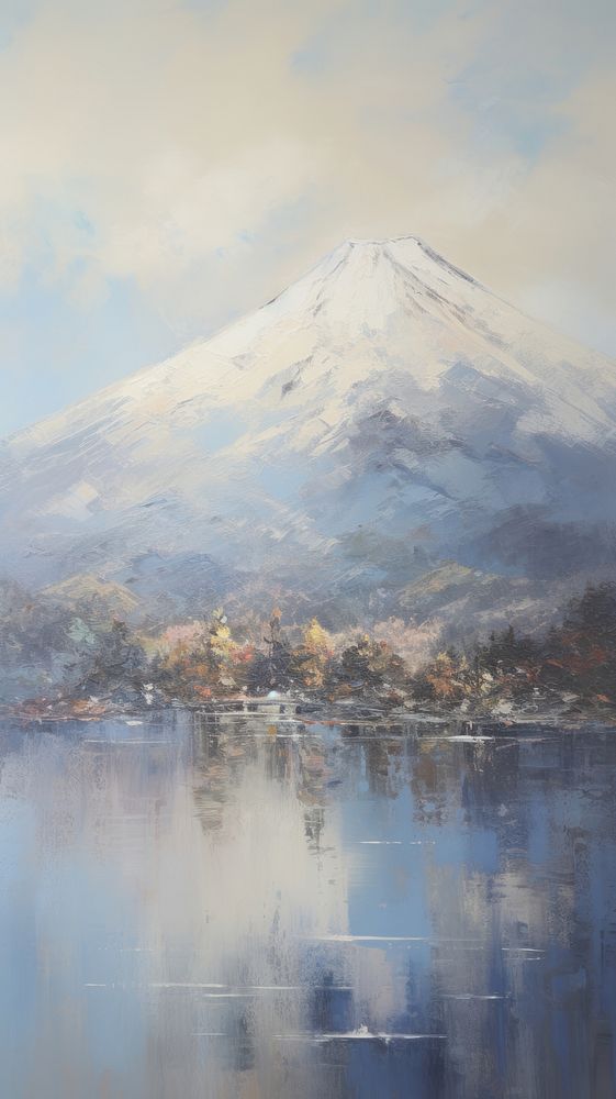 Acrylic paint of fuji mountain with lake outdoors painting nature.