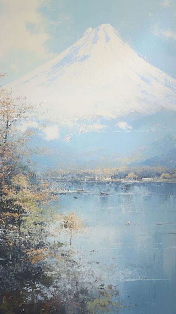 Acrylic paint of fuji mountain with lake landscape outdoors painting.