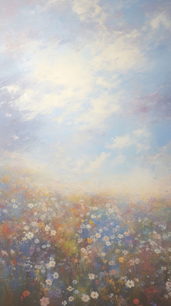 Acrylic paint of flower field with rainbow outdoors painting nature.