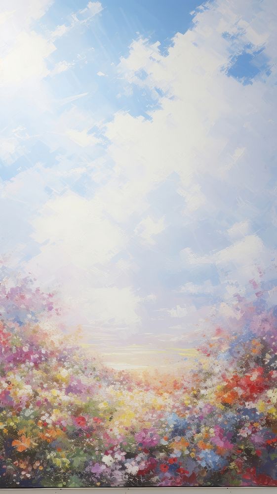 Acrylic paint of flower field with rainbow painting outdoors nature.