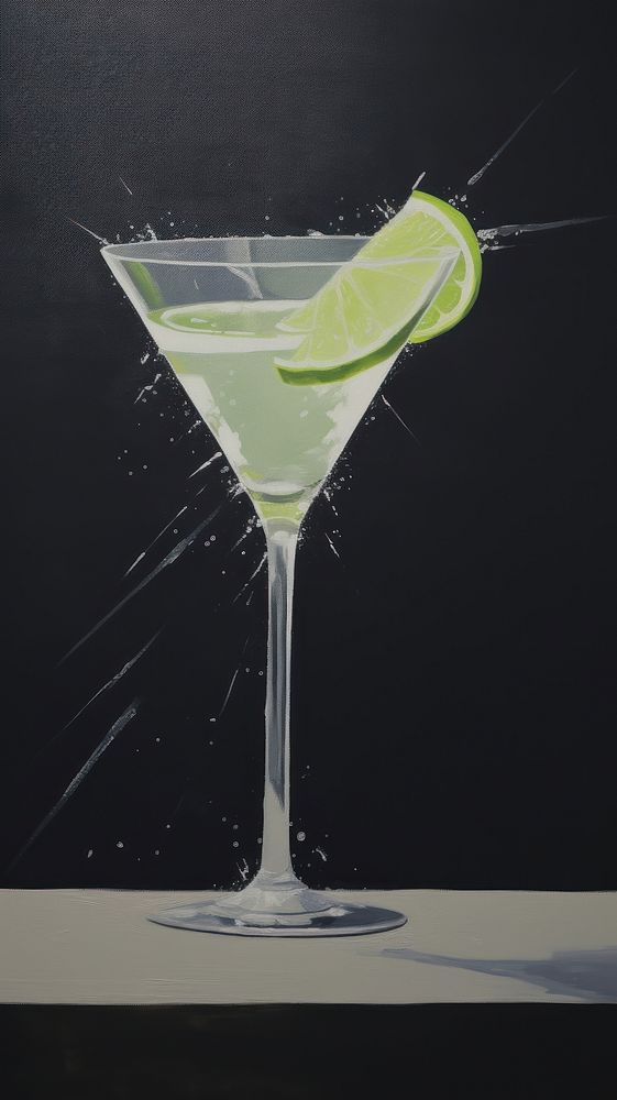 Acrylic paint of Gimlet cocktail martini drink fruit.