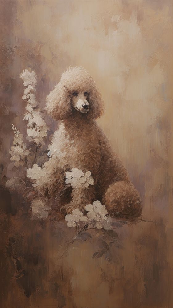 Acrylic paint of poodle with flower painting animal mammal.