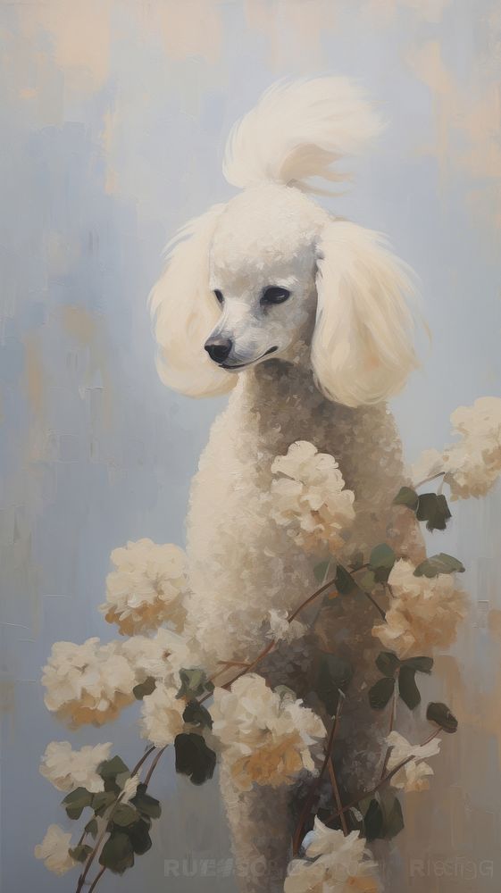 Acrylic paint of poodle with flower painting animal mammal.