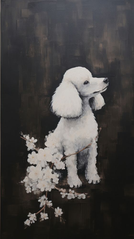 Acrylic paint of poodle with flower animal mammal plant.