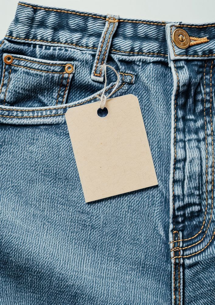 Back side pocket of blue jeans pants and price tag backgrounds denim text.