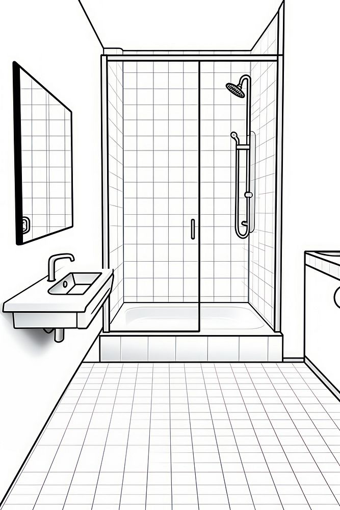 Bathroom thin outline sketch line vector bathtub shower architecture.