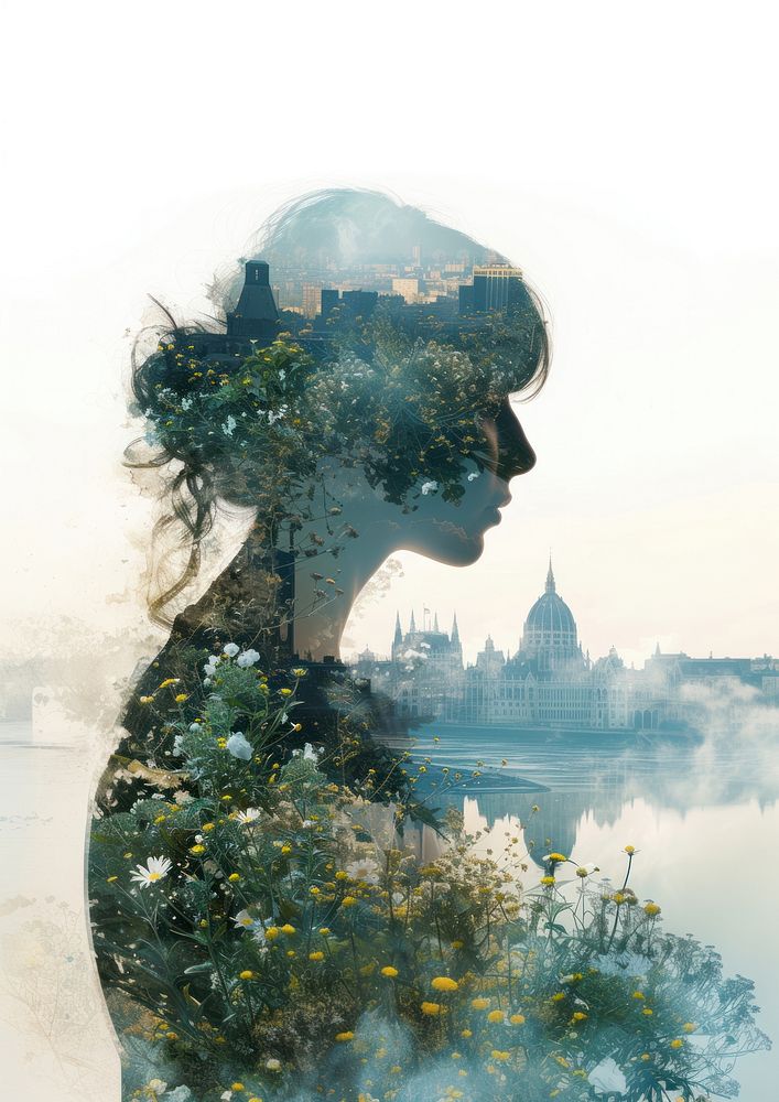 Ophelia from Hamlet and big beautiful blossoming wildflowers city architecture portrait.