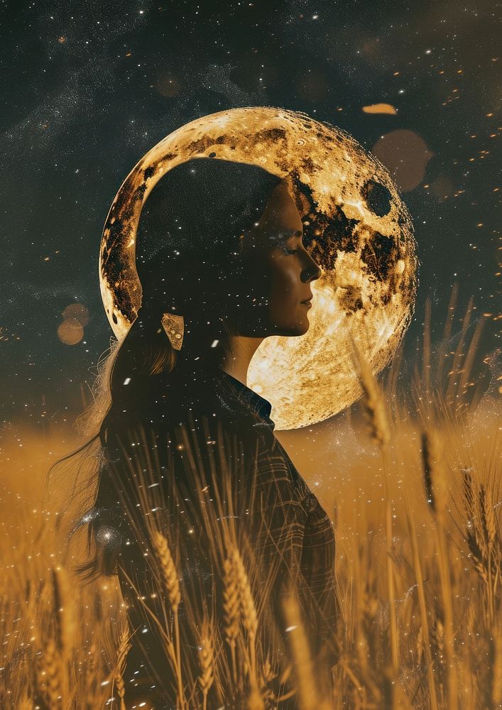 Woman in wheat field night photography astronomy.