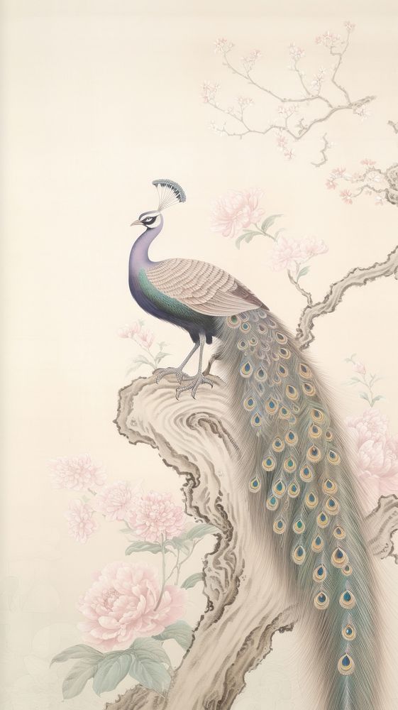 Peacock scenery wallpaper drawing animal sketch.