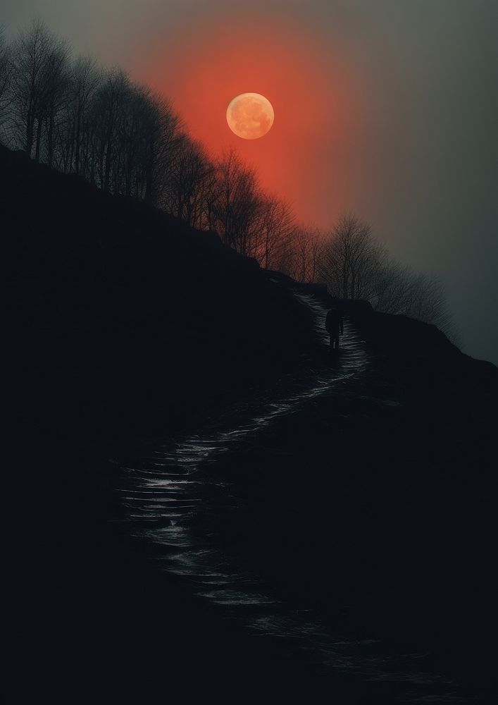 The mystery the hill with the red moon on the sky outdoors nature night.